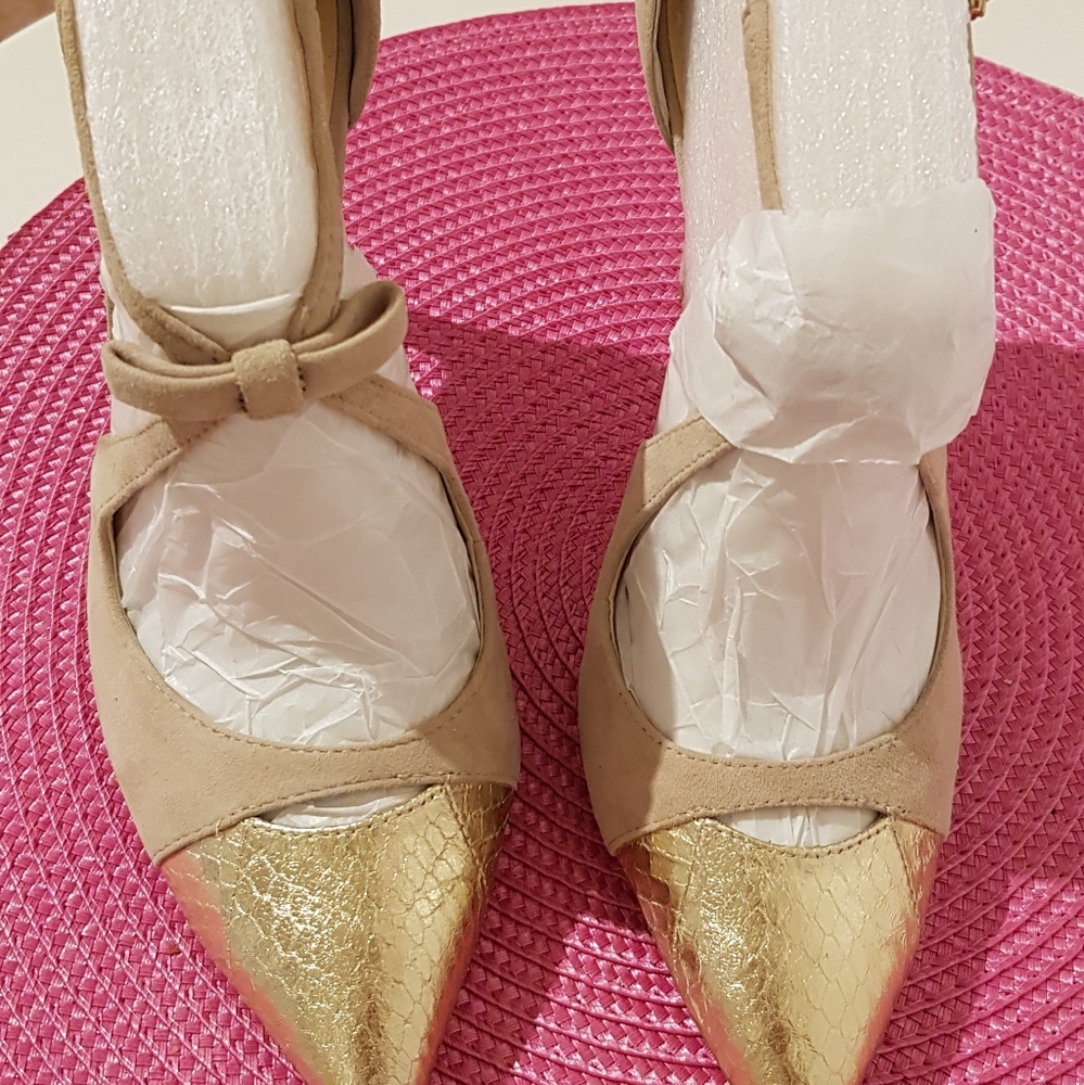 New Leather Pumps Gold & Camel Suede - Picture 2 of 11